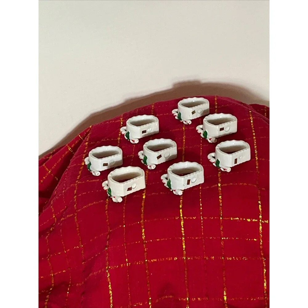 Holiday Christmas Ceramic Napkin Rings Candy Canes  and Holly Set of 8.